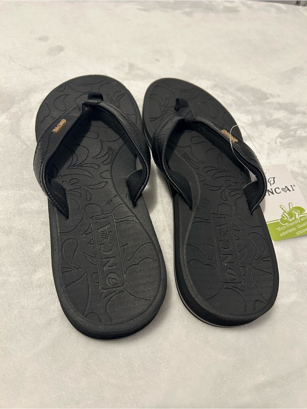 Oncai Black Women's Flip Flops - Floral Footbed